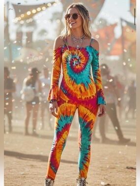 Fashion Nova Multicolor Tie-Dye Off-Shoulder Jumpsuit